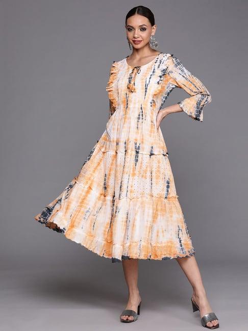 indo era orange cotton embellished a-line dress