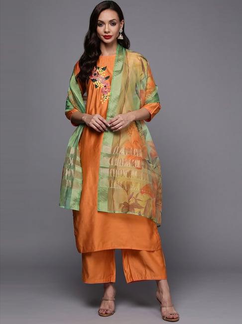 indo era orange embroidered kurta palazzo set with dupatta