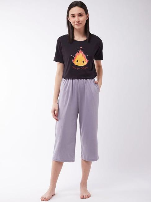 miss chase black & grey cotton printed t-shirt capris set