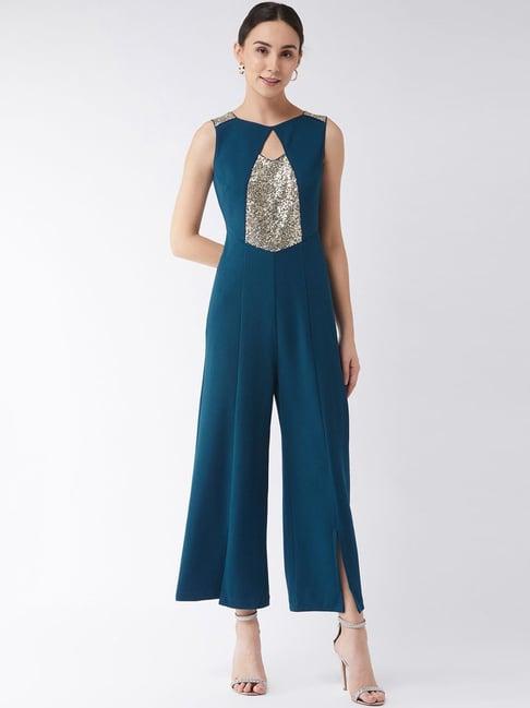 miss chase teal blue embellished jumpsuit