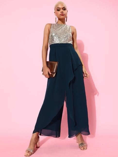 miss chase teal blue embellished jumpsuit