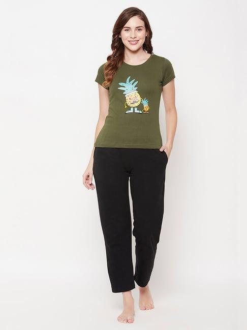 clovia olive & black printed t-shirt with pyjamas