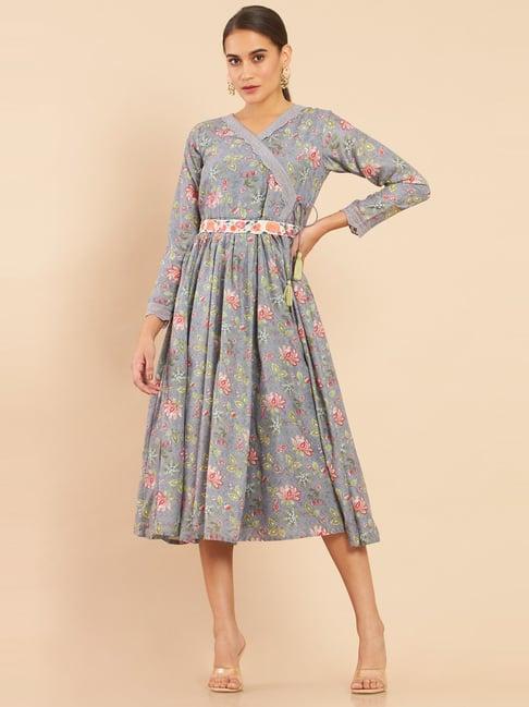 soch grey floral print a-line dress