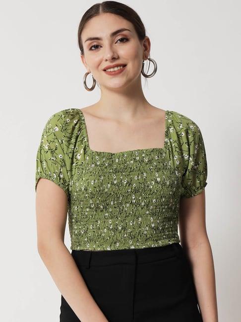 trend arrest green floral print crop top