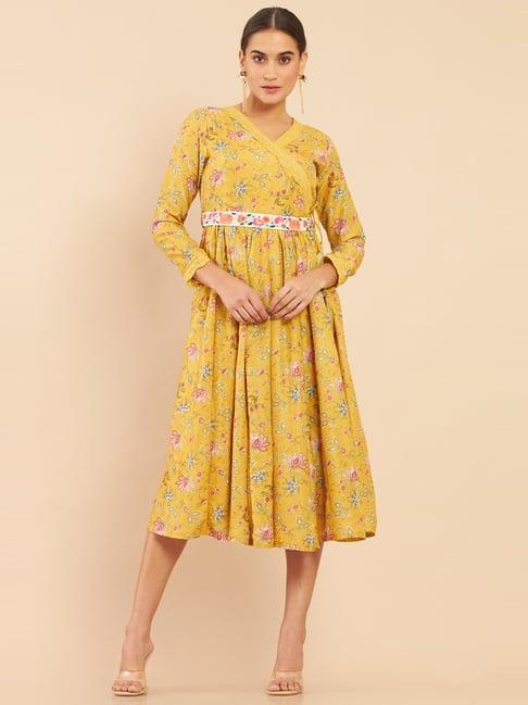 soch mustard floral print a-line dress