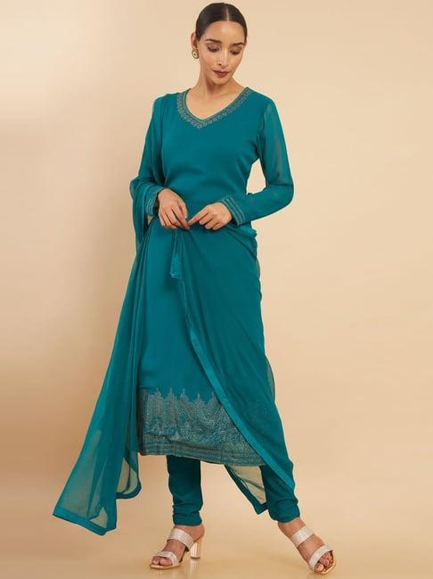 soch turquoise embellished kurta churidar set with dupatta