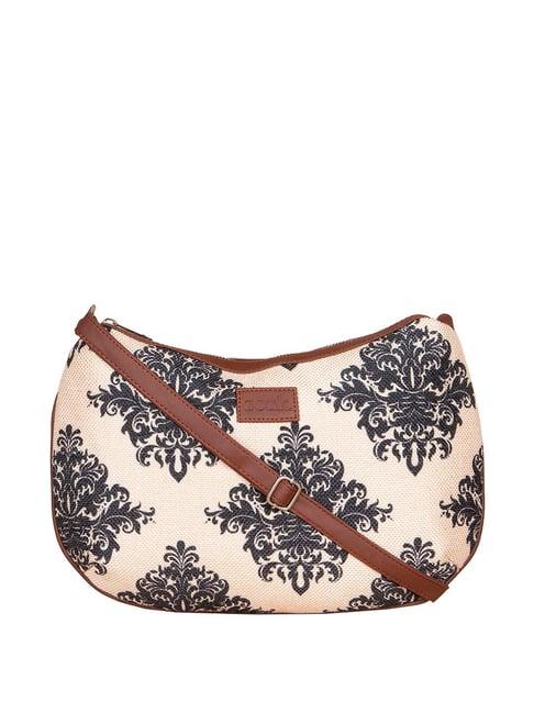 zouk beige printed medium sling handbag