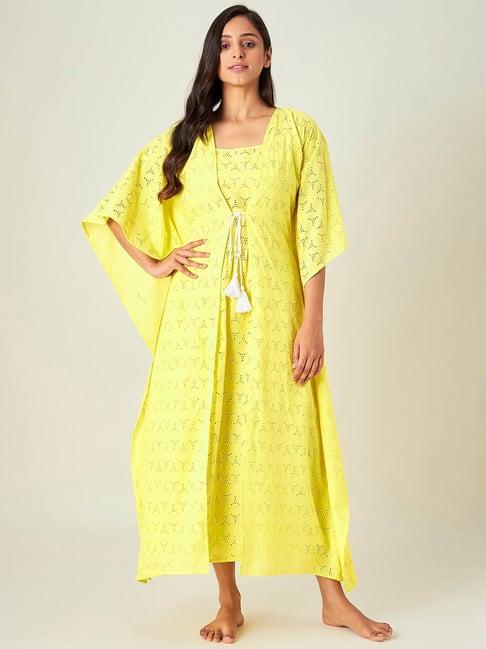 the kaftan company yellow embroidery night dress with kaftan