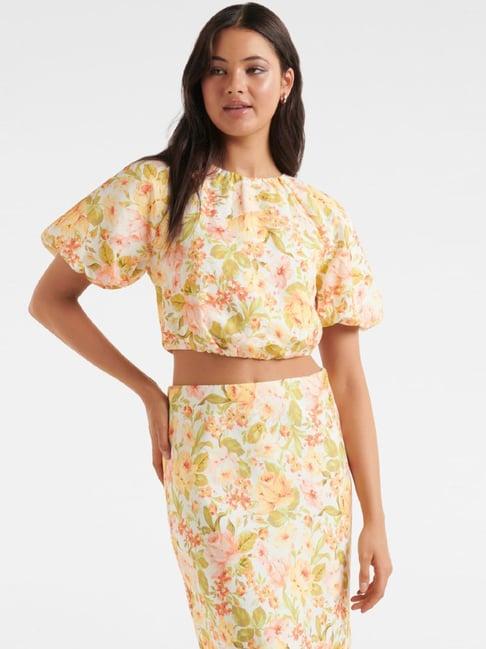 forever new yellow floral print tie back crop top