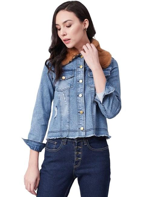 stylestone blue denim jacket with detachable fur collar