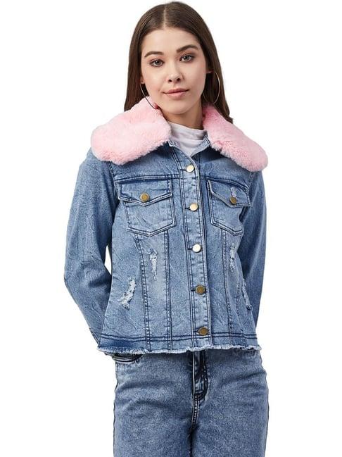 stylestone blue denim jacket with detachable fur collar