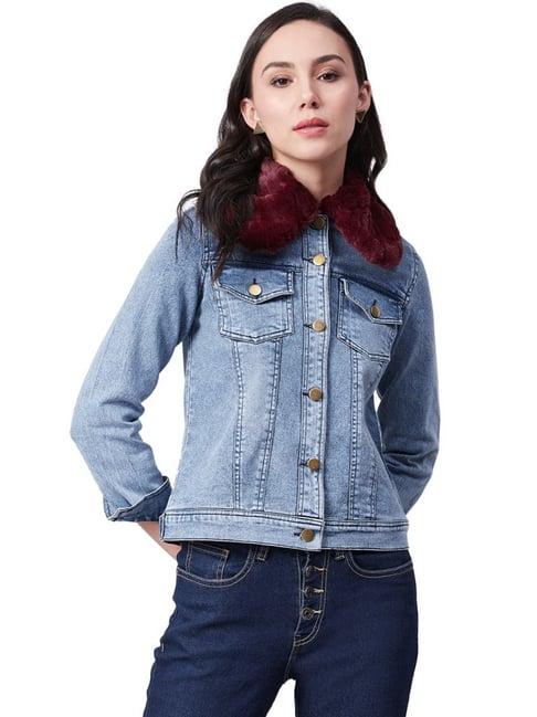 stylestone blue denim jacket with detachable fur collar