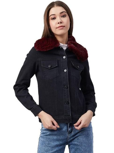 stylestone black denim jacket with detachable fur collar