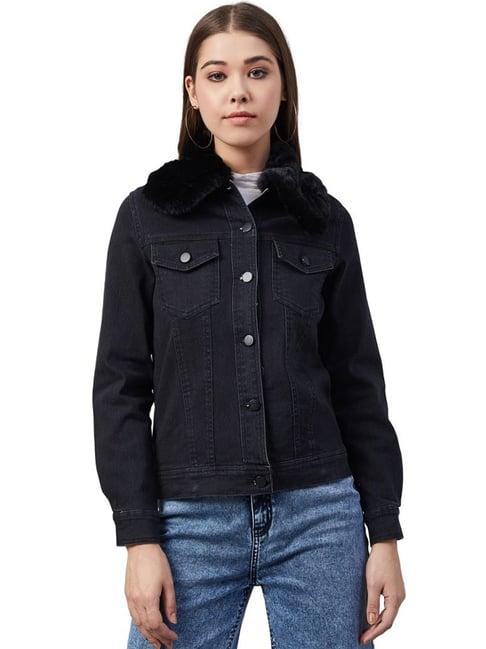 stylestone black denim jacket with detachable fur collar