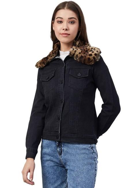 stylestone black animal print denim jacket with detachable fur collar