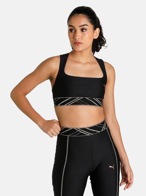 puma deco glam black printed sports bra