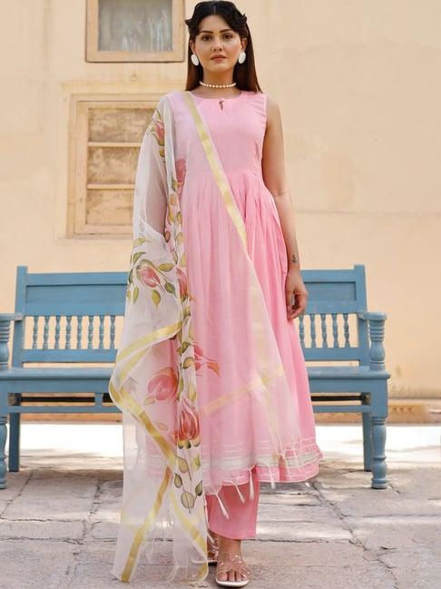 pheeta pink cotton kurta pant set with dupatta