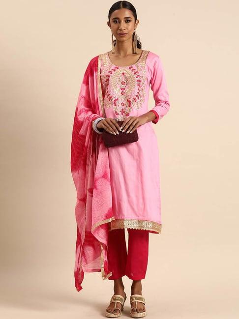 rajnandini pink & red cotton embroidered unstitched dress material