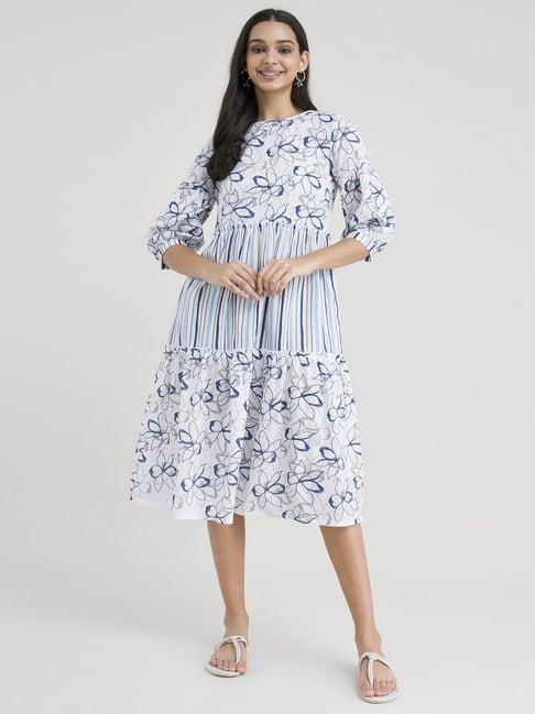 pink fort white & blue cotton floral print a-line dress