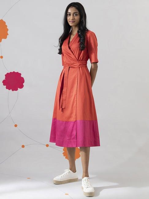 pink fort orange cotton color-block a-line dress