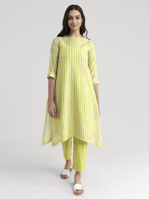 pink fort lime green striped kurta pant set