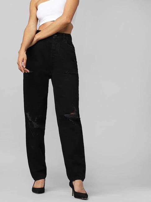 only black distressed mom fit high rise jeans