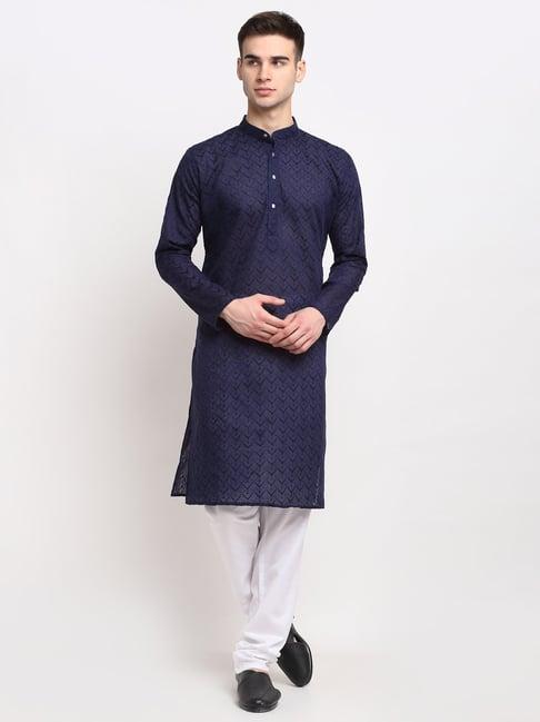 jompers navy cotton regular fit embroidered kurta set