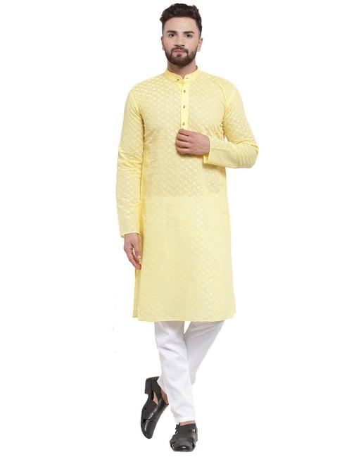 jompers yellow cotton regular fit embroidered kurta set