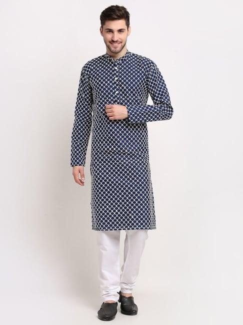 jompers navy regular fit embroidered kurta set