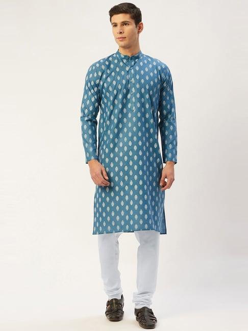 jompers blue cotton regular fit printed kurta set