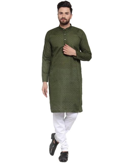 jompers green cotton regular fit embroidered kurta set