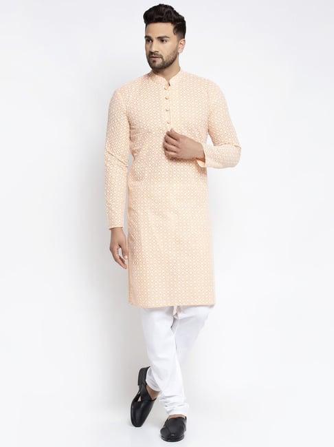 jompers orange cotton regular fit embroidered kurta set