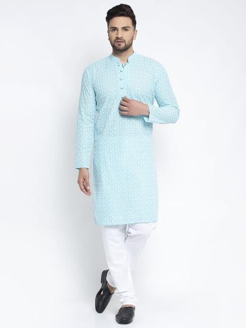 jompers blue cotton regular fit embroidered kurta set