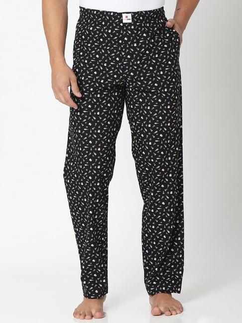 underjeans black cotton regular fit printed pyjamas