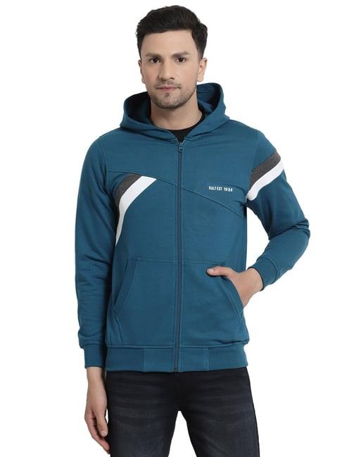 kalt teal regular fit striped hooded sweatshirt