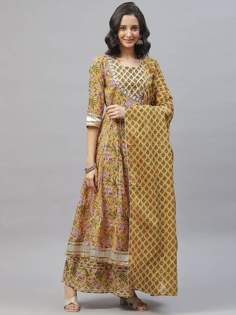 divena mustard cotton floral print kurta palazzo set with dupatta