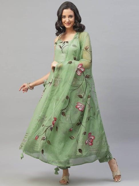 divena green cotton floral print kurta pant set with dupatta