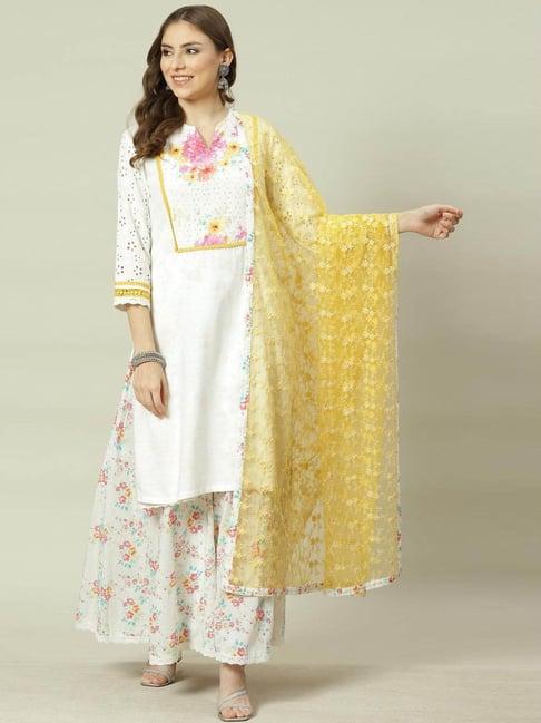 biba white embroidered kurta sharara set with dupatta