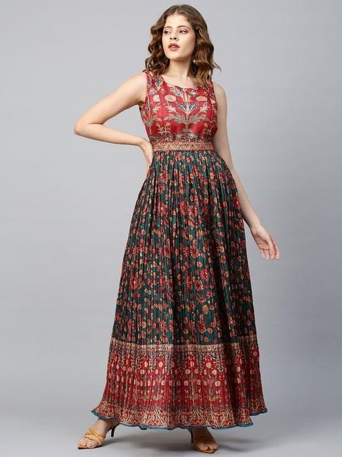 fashor green & red floral print maxi dress