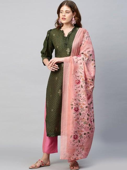 fashor ethnic moss green foil & leheriya printed kurta with dupatta