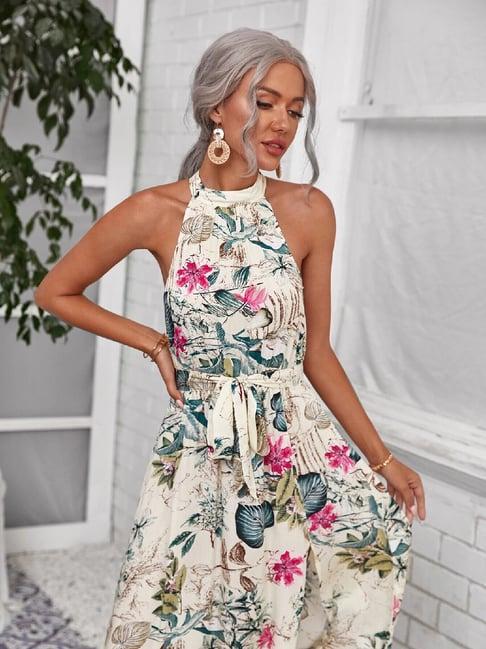 style quotient beige floral print maxi slit dress