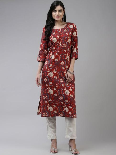 yufta red cotton floral print straight kurta