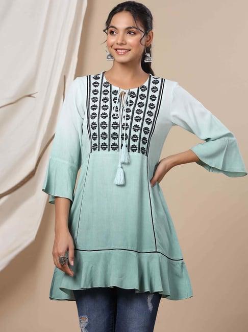 juniper sage green rayon ombre a-line tunic with embroidered yoke