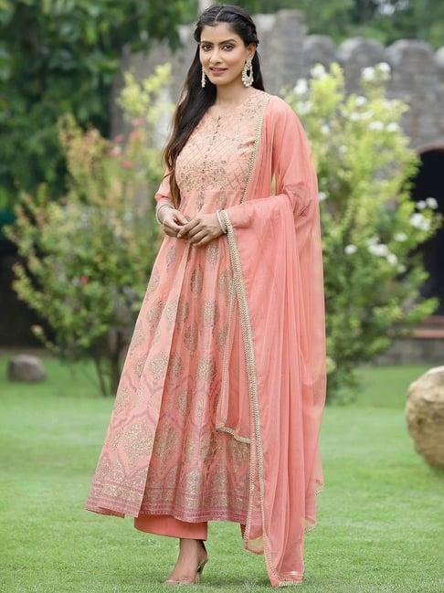 juniper peach embroidered kurta palazzo set with dupatta