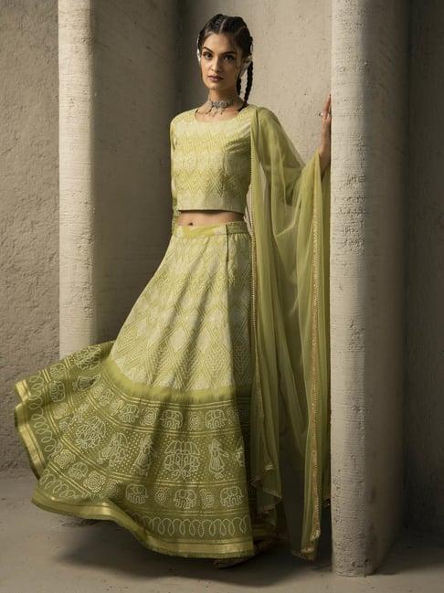 juniper green bandhani printed shantoon slub lehenga choli & net dupatta set