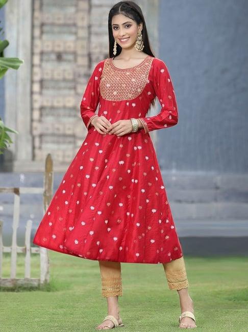 juniper red ethnic motif printed rayon anarkali kurta with zari work embroidery