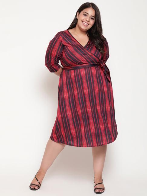 amydus red & black striped wrap a-line dress