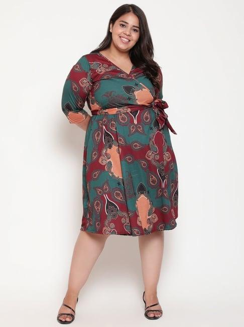 amydus green printed wrap a-line dress