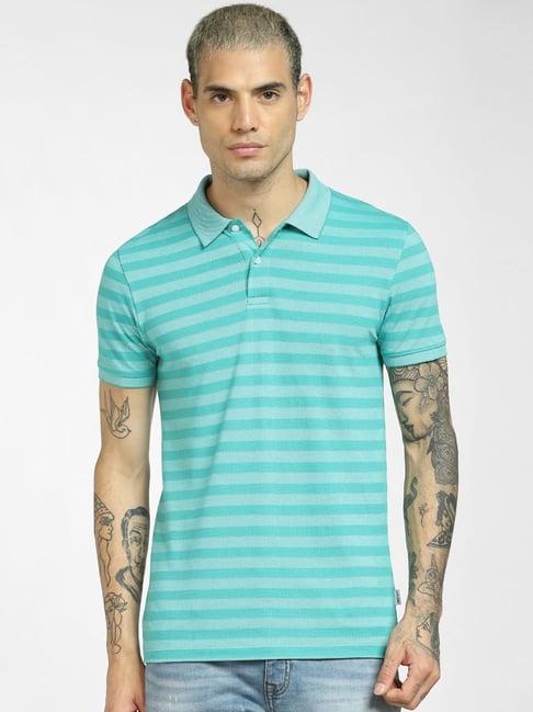 jack & jones aqua green cotton regular fit striped polo tshirt