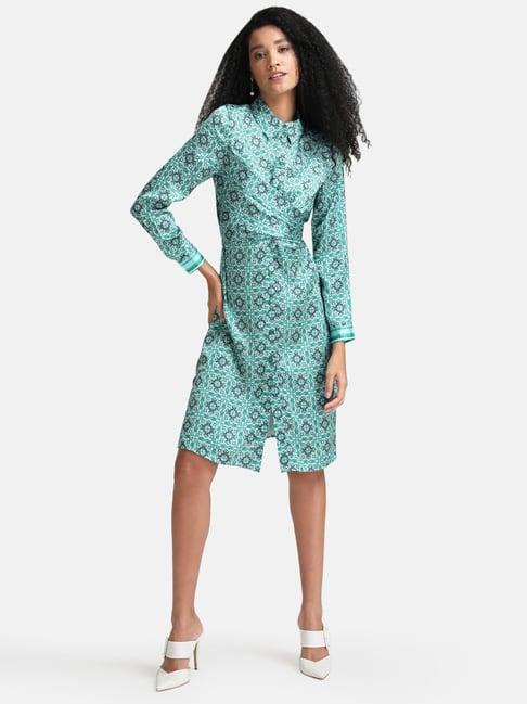 kazo green geometric print midi wrap dress